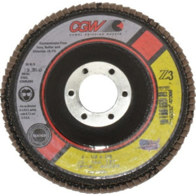 CGW Abrasives 4-1/2 120 Grit 7/8 Center Hole Type 27 Zirconia Alumina Flap Disc Fine Grade, Coated, Arbor Attachment, Poly Cotton Backing, 13,300 RPM 42306 – 60870847