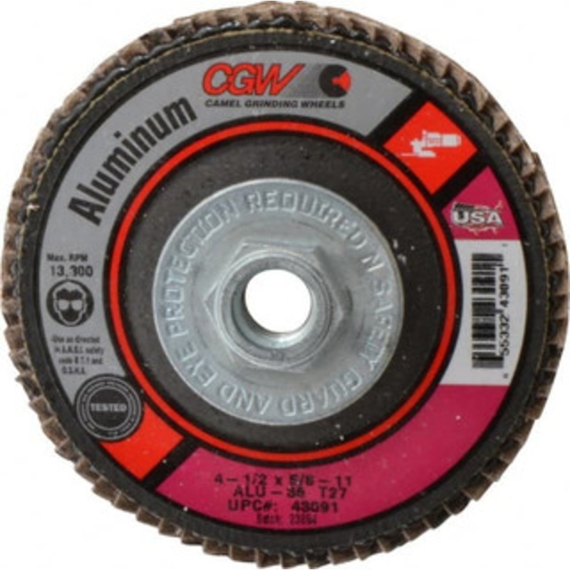 CGW Abrasives 4-1/2 36 Grit 5/8-11 Center Hole Type 27 Aluminum Oxide Flap Disc Very Coarse Grade, Coated, Arbor Attachment, Polyester Backing, 13,300 RPM 43091 – 08819427