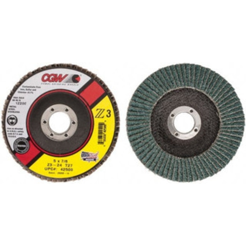 CGW Abrasives 5 24 Grit 7/8 Center Hole Type 27 Zirconia Alumina Flap Disc Very Coarse Grade, Coated, Arbor Attachment, Poly Cotton Backing, 12,200 RPM 42500 – 56437619