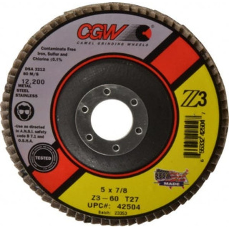 CGW Abrasives 5 60 Grit 7/8 Center Hole Type 27 Zirconia Alumina Flap Disc Medium Grade, Coated, Arbor Attachment, Poly Cotton Backing, 12,200 RPM 42504 – 56437643