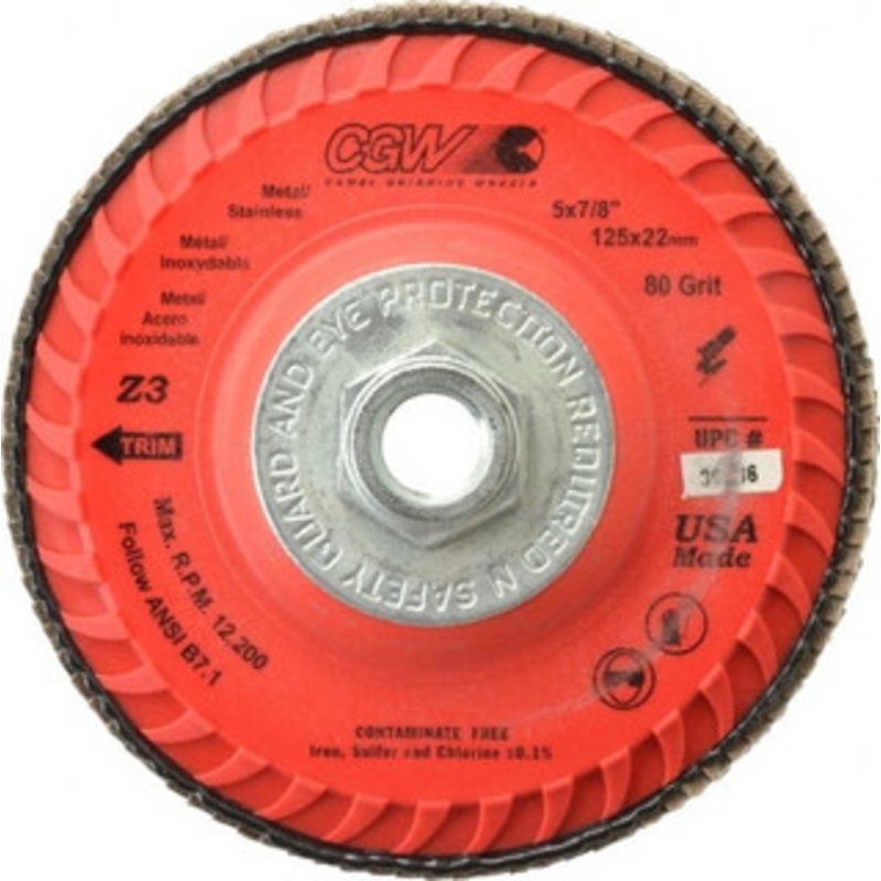 CGW Abrasives 5 80 Grit 5/8-11 Center Hole Type 27 Zirconia Alumina Flap Disc Fine Grade, Coated, Arbor Attachment, Poly Cotton Backing, 12,200 RPM 39736 – 78916822