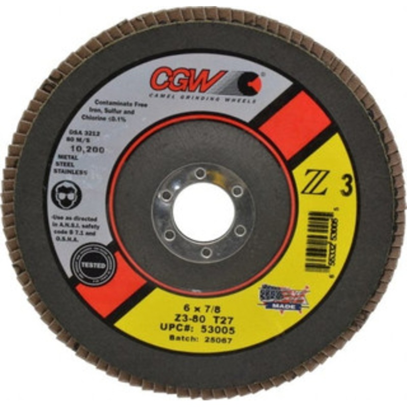 CGW Abrasives 6 80 Grit 7/8 Center Hole Type 27 Zirconia Alumina Flap Disc Medium Grade, Coated, Arbor Attachment, Poly Cotton Backing, 10,200 RPM 53005 – 63009526