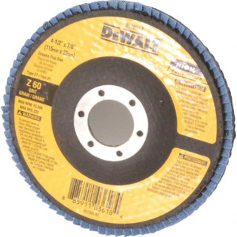 DeWALT 4-1/2 60 Grit 7/8 Center Hole Type 27 Zirconia Alumina Flap Disc Medium Grade, Coated, Arbor Attachment, Fiberglass Backing, 13,300 RPM DW8352 – 40582587