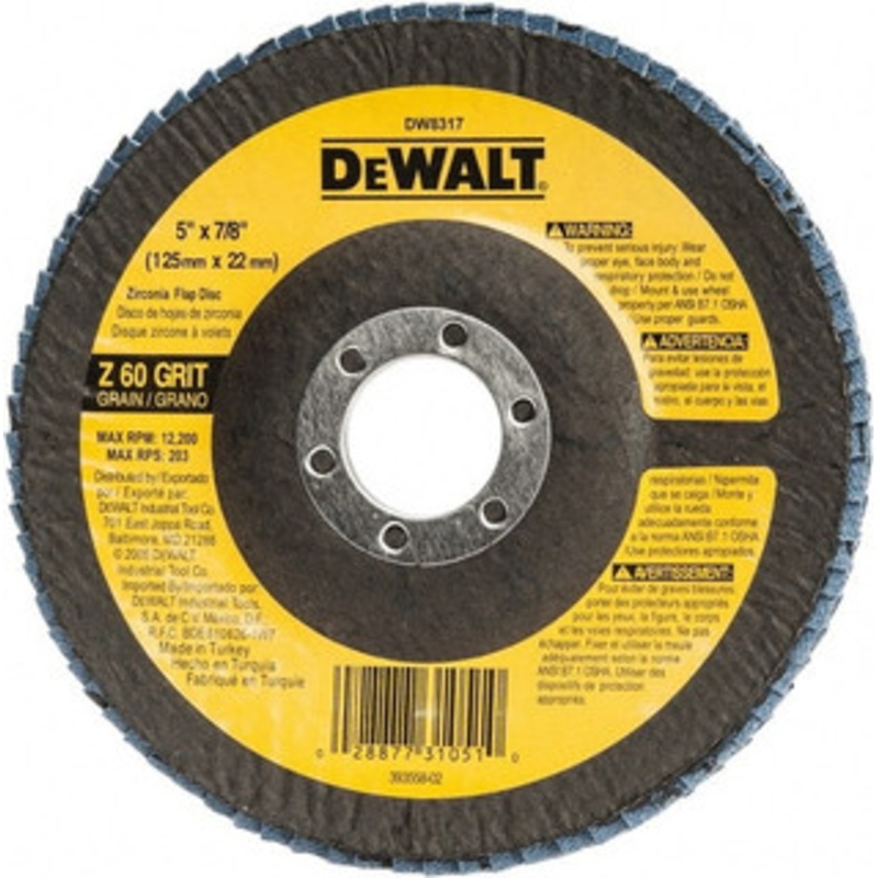 DeWALT 5 60 Grit 7/8 Center Hole Type 29 Zirconia Alumina Flap Disc Medium Grade, Coated, Arbor Attachment, Fiberglass Backing, 12,200 RPM DW8317 – 73201337