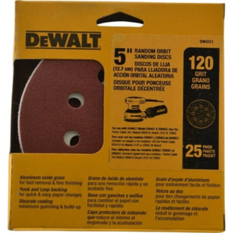 DeWALT 5 Diam, 120 Grit, Aluminum Oxide Hook & Loop Disc Fine Grade, Coated, Paper Backing DW4311 – 80488885
