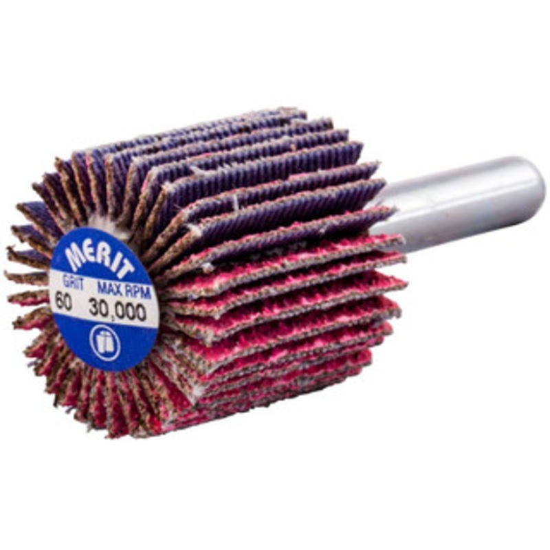 Merit Abrasives Mounted Flap Wheels, Abrasive Type: Coated, Outside Diameter (Inch): 1, Face Width (Inch): 1, Abrasive Material: Ceramic, Grade: Coarse, Grit: 60 69957339702 – 90761131