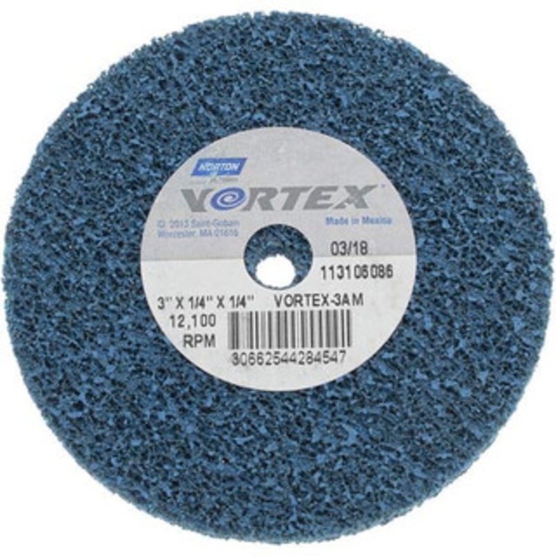 Norton 3 Diam, 1/4 Face Width, 1/4 Center Hole, Medium Grade, Aluminum Oxide Deburring Wheel Unitized, Medium Density 3 Grade 66254428454 – 45452380