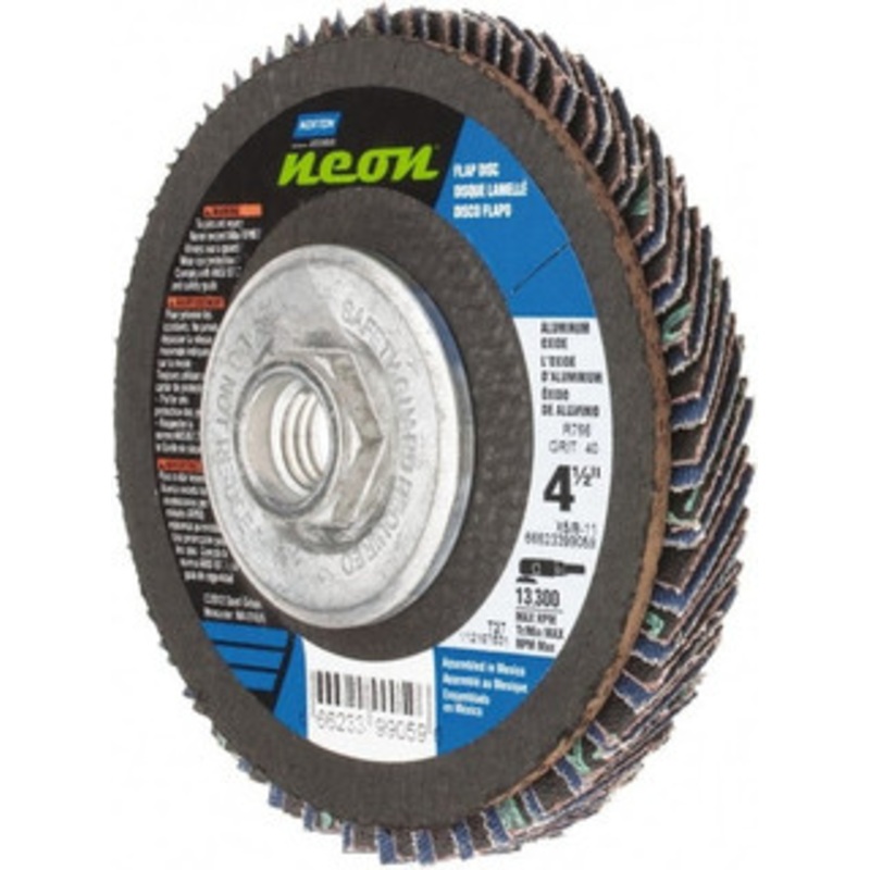 Norton 4-1/2 40 Grit 5/8-11 Center Hole Type 27 Ceramic Alumina Flap Disc Coarse Grade, Coated, Arbor Attachment, Polyester Backing, 13,300 RPM 66623399059 – 56275506