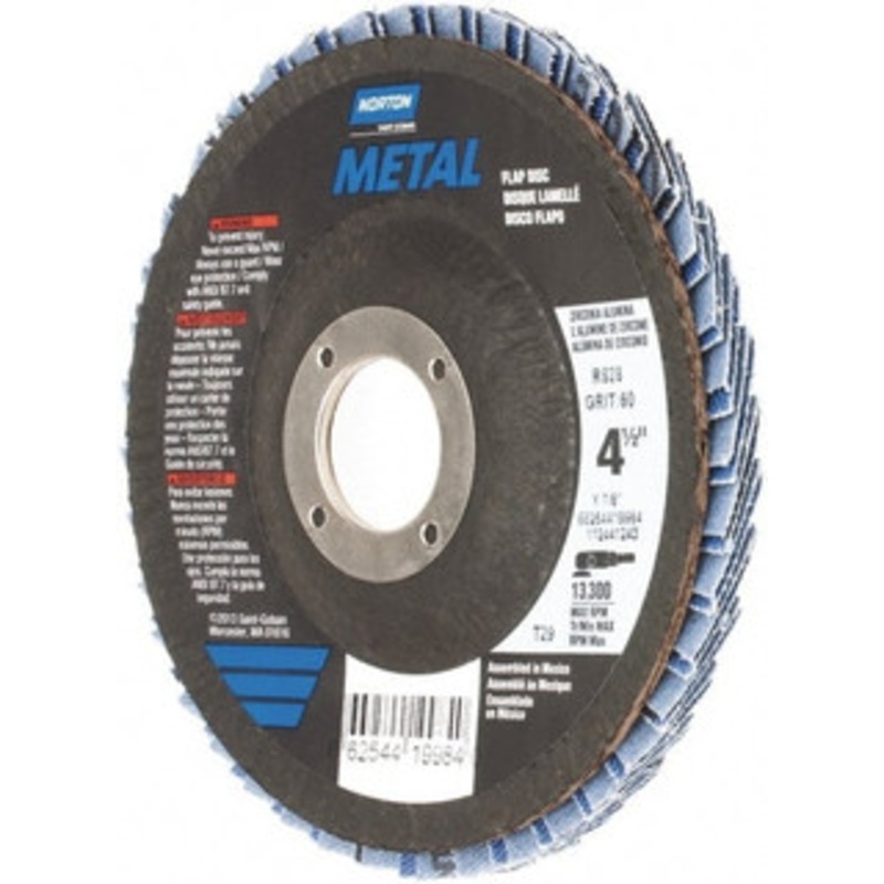 Norton 4-1/2 60 Grit 7/8 Center Hole Type 29 Zirconia Alumina Flap Disc Medium Grade, Coated, Arbor Attachment, Fiberglass Backing, 13,300 RPM 66254419984 – 45451374