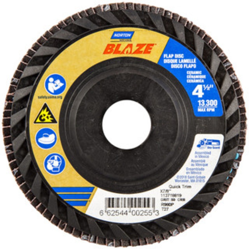 Norton 4-1/2 80 Grit 7/8 Center Hole Type 27 Ceramic Flap Disc Medium Grade, Coated, Arbor Attachment, Plastic Backing 66254400255 – 42065086
