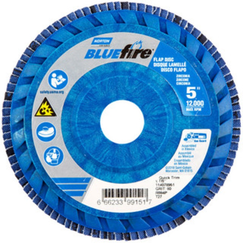 Norton 5 80 Grit 7/8 Center Hole Type 27 Zirconia Alumina Flap Disc Medium Grade, Coated, Arbor Attachment, Cloth Backing, 12,000 RPM 66623399151 – 56275555