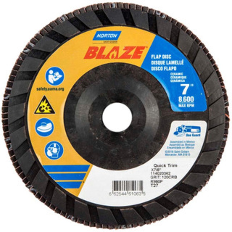 Norton 7 120 Grit 7/8 Center Hole Type 27 Ceramic Alumina Flap Disc Fine Grade, Coated, Arbor Attachment, Polyester Backing, 8,600 RPM 66254461063 – 56275894
