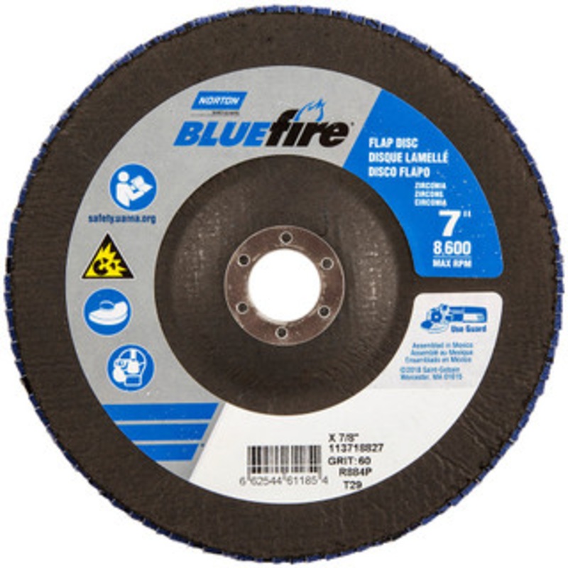 Norton 7 60 Grit 7/8 Center Hole Type 29 Zirconia Alumina Flap Disc Medium Grade, Coated, Arbor Attachment, Cloth Backing, 8,600 RPM 66254461185 – 30189252