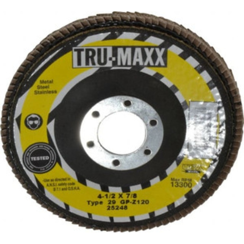 Tru-Maxx 4-1/2 120 Grit 7/8 Center Hole Type 29 Zirconia Alumina Flap Disc Fine Grade, Coated, Arbor Attachment, 13,300 RPM 25248 – 86779501