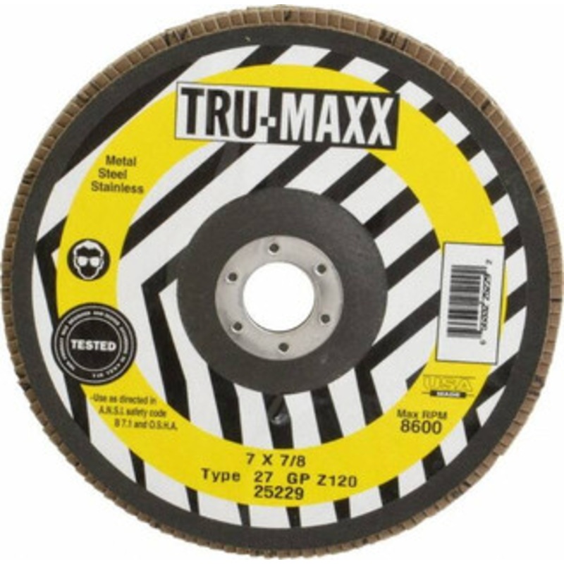 Tru-Maxx 7 120 Grit 7/8 Center Hole Type 27 Zirconia Alumina Flap Disc Fine Grade, Coated, Arbor Attachment, 8,600 RPM 25229 – 86779311