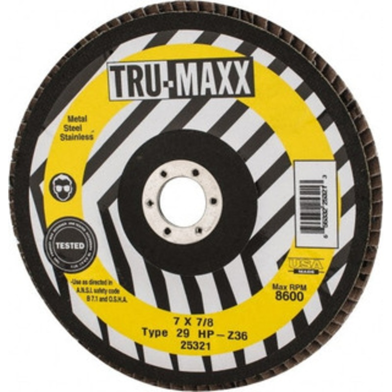 Tru-Maxx 7 36 Grit 7/8 Center Hole Type 29 Zirconia Alumina Flap Disc Very Coarse Grade, Coated, Arbor Attachment, 8,600 RPM 25321 – 73225096