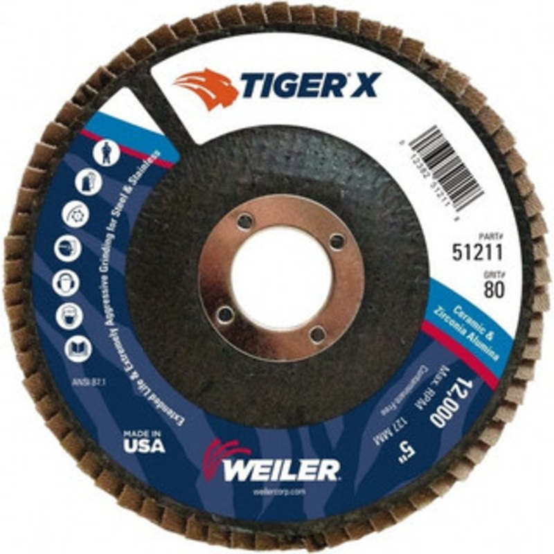 Weiler Abrasives 5 80 Grit 7/8 Center Hole Type 29 Zirconia Alumina Flap Disc Medium Grade, Coated, Arbor Attachment, Phenolic Backing, 12,000 RPM 51211 – 46906111