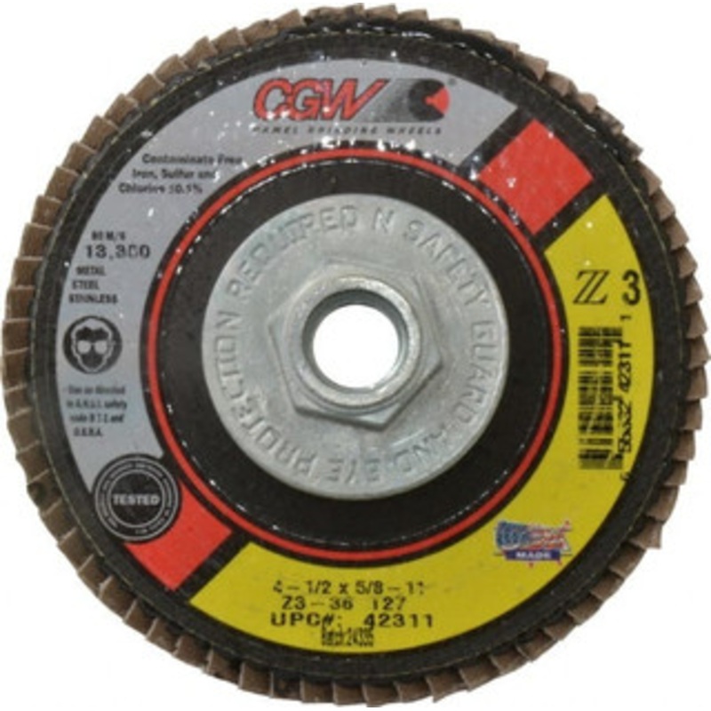 CGW Abrasives 4-1/2 36 Grit 5/8-11 Center Hole Type 27 Zirconia Alumina Flap Disc Very Coarse Grade, Coated, Arbor Attachment, Poly Cotton Backing, 13,300 RPM 42311 – 82283821