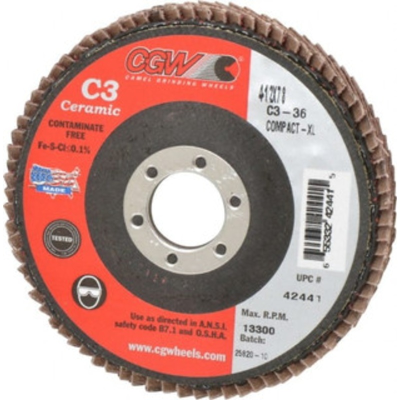 CGW Abrasives 4-1/2 36 Grit 7/8 Center Hole Ceramic Flap Disc Very Coarse Grade, Coated, Arbor Attachment, Polyester Backing, 13,300 RPM 42441 – 63009674