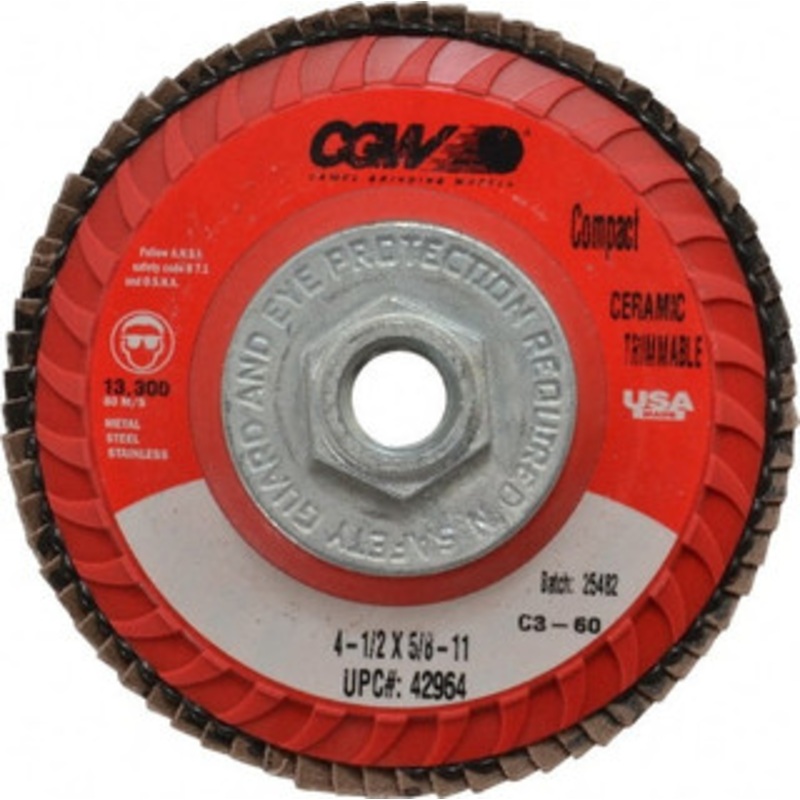 CGW Abrasives 4-1/2 60 Grit 5/8-11 Center Hole Type 27 Ceramic Flap Disc Medium Grade, Coated, Arbor Attachment, Polyester Backing, 13,300 RPM 42964 – 78916764