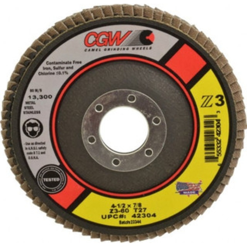 CGW Abrasives 4-1/2 60 Grit 7/8 Center Hole Type 27 Zirconia Alumina Flap Disc Medium Grade, Coated, Arbor Attachment, Poly Cotton Backing, 13,300 RPM 42304 – 88951918