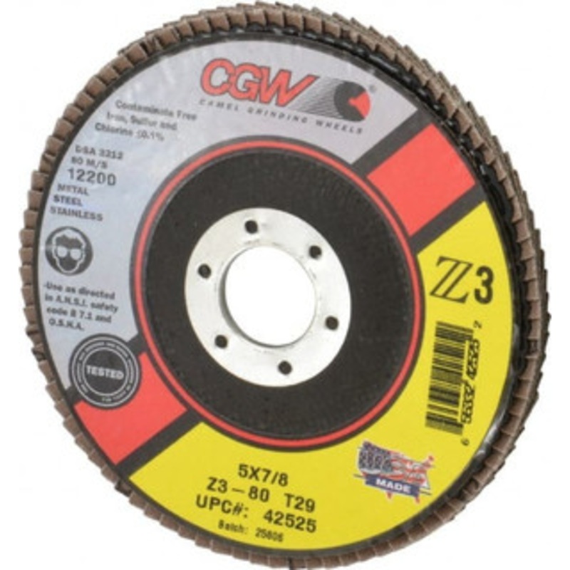 CGW Abrasives 5 80 Grit 7/8 Center Hole Type 29 Zirconia Alumina Flap Disc Medium Grade, Coated, Arbor Attachment, Poly Cotton Backing, 12,200 RPM 42525 – 56437718