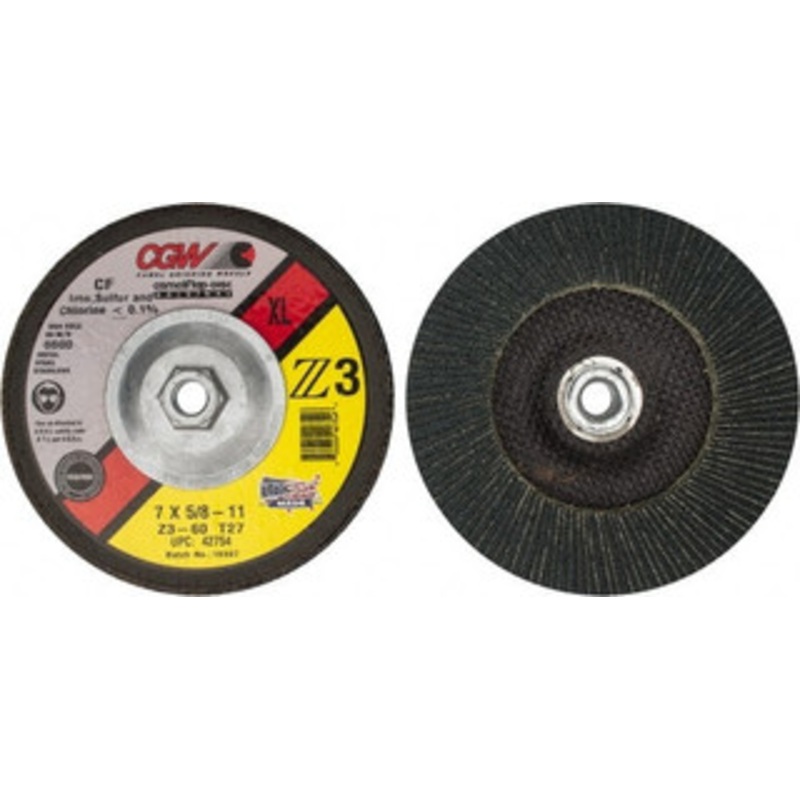 CGW Abrasives 7 60 Grit 5/8-11 Center Hole Type 27 Zirconia Alumina Flap Disc Medium Grade, Coated, Arbor Attachment, Poly Cotton Backing, 8,600 RPM 42754 – 02555845