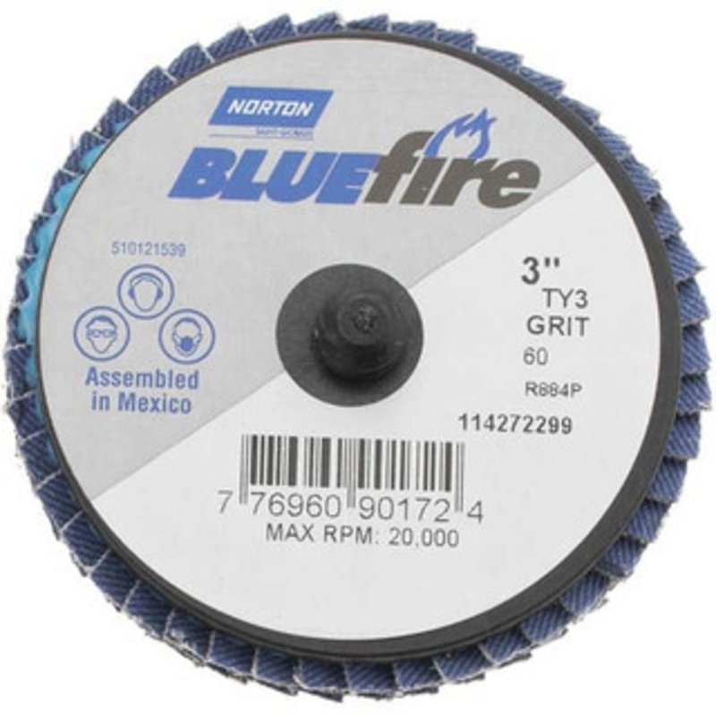 Norton 3 60 Grit Type 27 Zirconia Alumina Flap Disc Medium Grade, Coated, Quick Change Type R Attachment, Fiberglass Backing, 30,000 RPM 77696090172 – 68540657