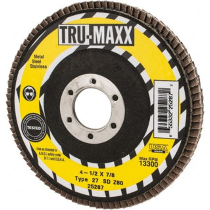 Tru-Maxx 4-1/2 80 Grit 7/8 Center Hole Type 27 Zirconia Alumina Flap Disc Medium Grade, Coated, Arbor Attachment, 13,300 RPM 25287 – 86779907