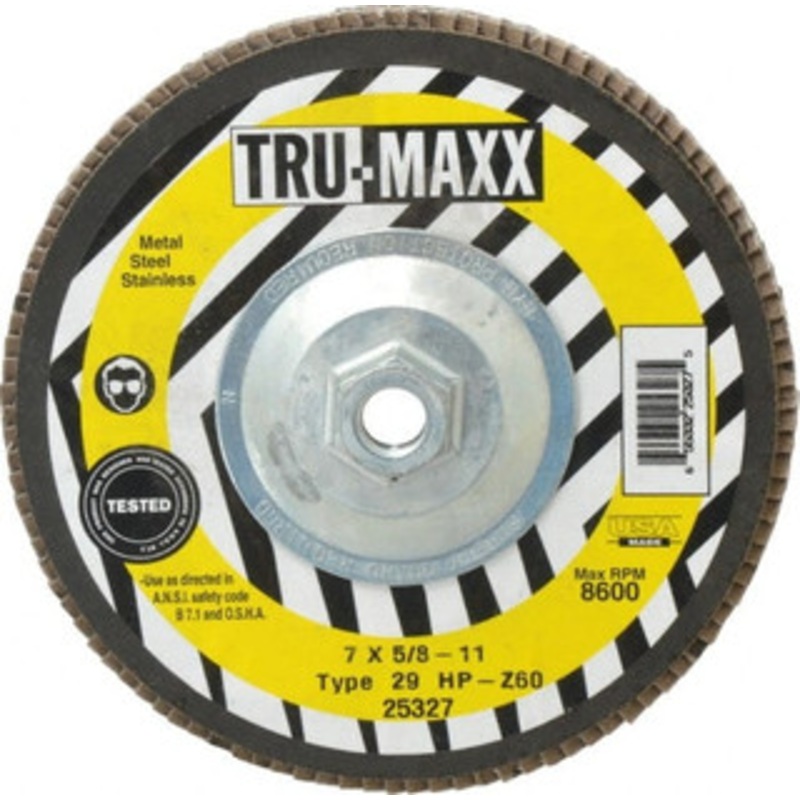 Tru-Maxx 7 60 Grit 5/8-11 Center Hole Type 29 Zirconia Alumina Flap Disc Medium Grade, Coated, Arbor Attachment, 8,600 RPM 25327 – 73225153