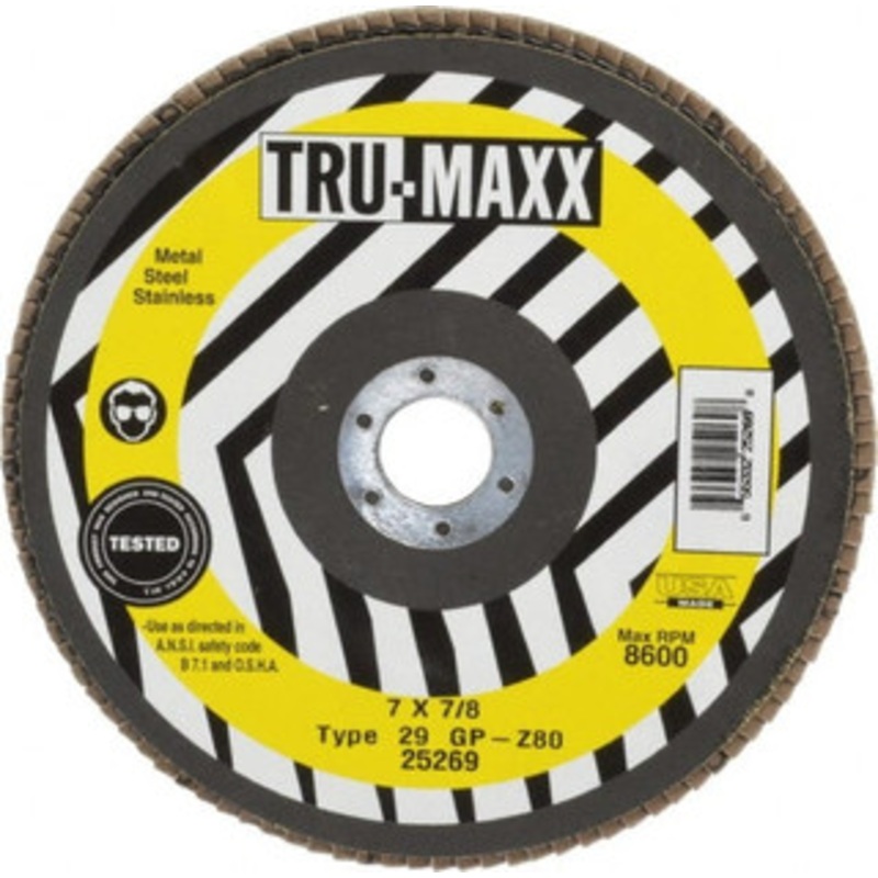 Tru-Maxx 7 80 Grit 7/8 Center Hole Type 29 Zirconia Alumina Flap Disc Medium Grade, Coated, Arbor Attachment, 8,600 RPM 25269 – 86779725