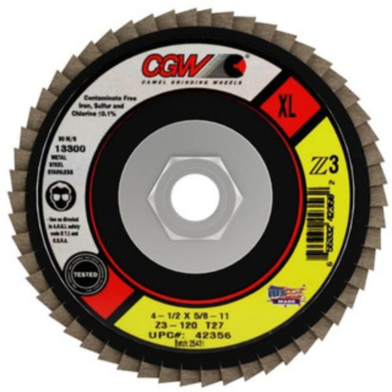CGW Abrasives 4-1/2 120 Grit 5/8-11 Center Hole Type 27 Zirconia Alumina Flap Disc Fine Grade, Coated, Arbor Attachment, Poly Cotton Backing, 13,300 RPM 42356 – 02555795