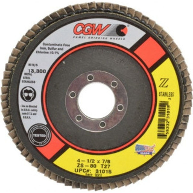 CGW Abrasives 4-1/2 80 Grit 7/8 Center Hole Type 27 Zirconia Alumina Flap Disc Medium Grade, Coated, Arbor Attachment, Polyester Backing, 13,300 RPM 31015 – 56505795