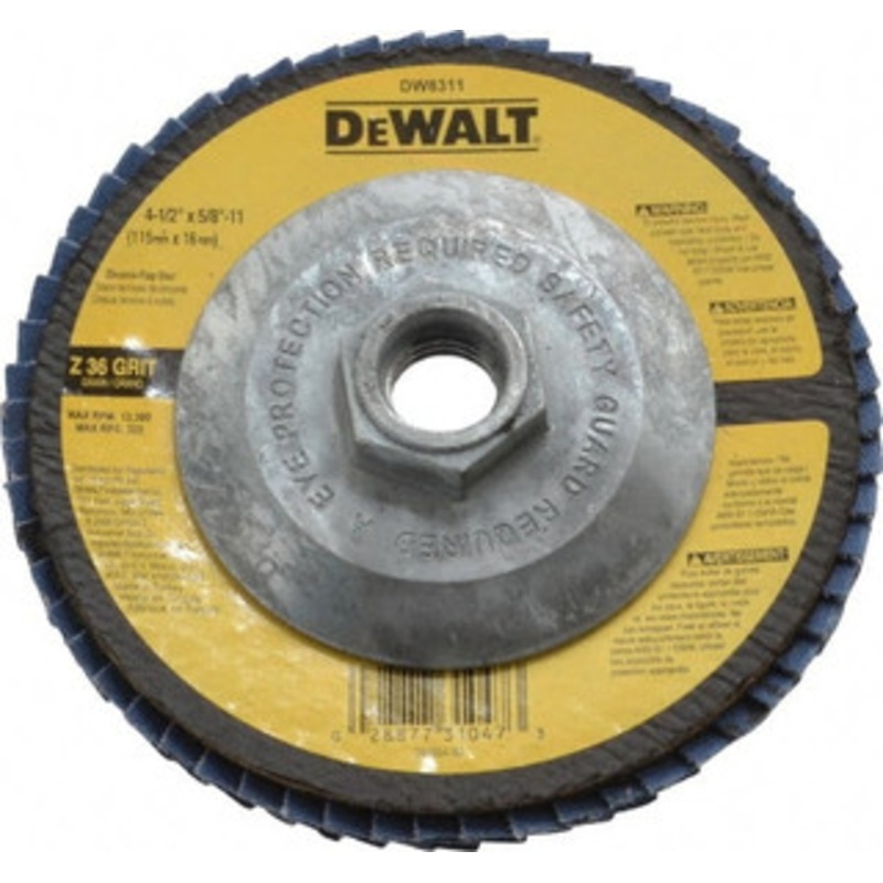 DeWALT 4-1/2 36 Grit 5/8-11 Center Hole Type 29 Zirconia Alumina Flap Disc Very Coarse Grade, Coated, Arbor Attachment, Fiberglass Backing, 13,300 RPM DW8311 – 73201295