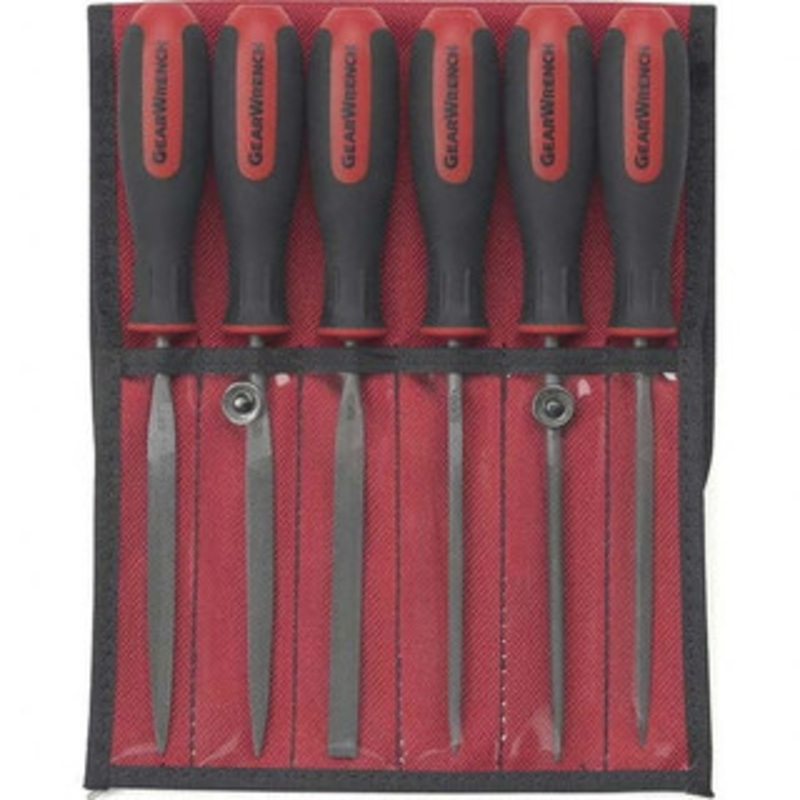 GearWrench File Sets, File Set Type: American, File Types Included: Flat, Half Round, Knife, Round, Square, Triangle, Number of Pieces: 6, File Length (Inch): 4, Coarseness/Cut: Bastard, Overall Width (Inch): 6-1/4 82821H – 91850313