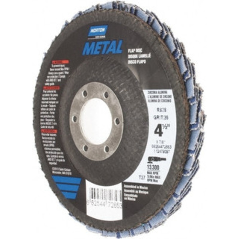 Norton 4-1/2 36 Grit 7/8 Center Hole Type 27 Zirconia Alumina Flap Disc Very Coarse Grade, Coated, Arbor Attachment, Fiberglass Backing, 13,300 RPM 66254472653 – 45451440