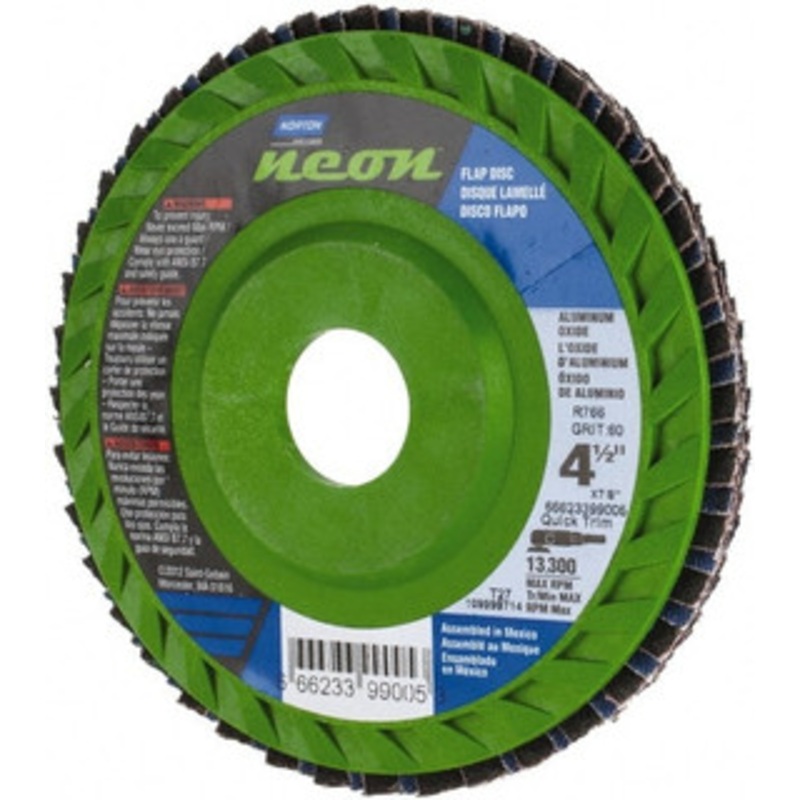 Norton 4-1/2 60 Grit 7/8 Center Hole Type 27 Ceramic Alumina Flap Disc Medium Grade, Coated, Arbor Attachment, Polyester Backing, 13,300 RPM 66623399005 – 70454863