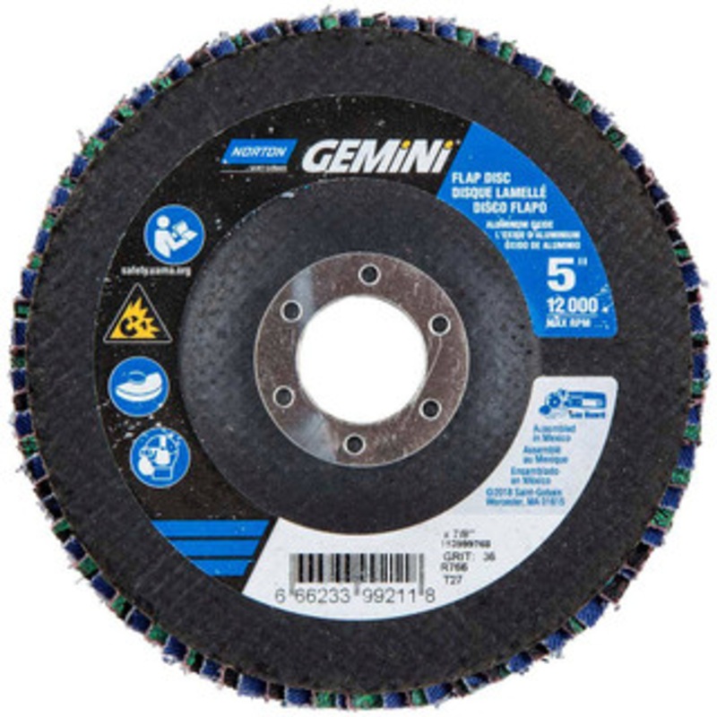 Norton 5 36 Grit 7/8 Center Hole Type 27 Ceramic Alumina Flap Disc Very Coarse Grade, Coated, Arbor Attachment, Polyester Backing, 12,000 RPM 66623399211 – 56275282
