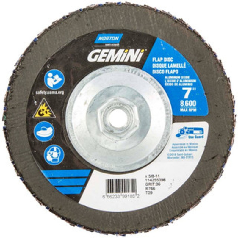 Norton 7 36 Grit 5/8-11 Center Hole Type 29 Ceramic Alumina Flap Disc Very Coarse Grade, Coated, Arbor Attachment, Polyester Backing, 8,600 RPM 66623399185 – 30189534