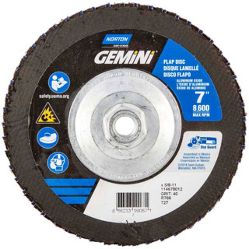 Norton 7 40 Grit 5/8-11 Center Hole Type 27 Ceramic Alumina Flap Disc Coarse Grade, Coated, Arbor Attachment, Polyester Backing, 8,600 RPM 66623399067 – 56275464