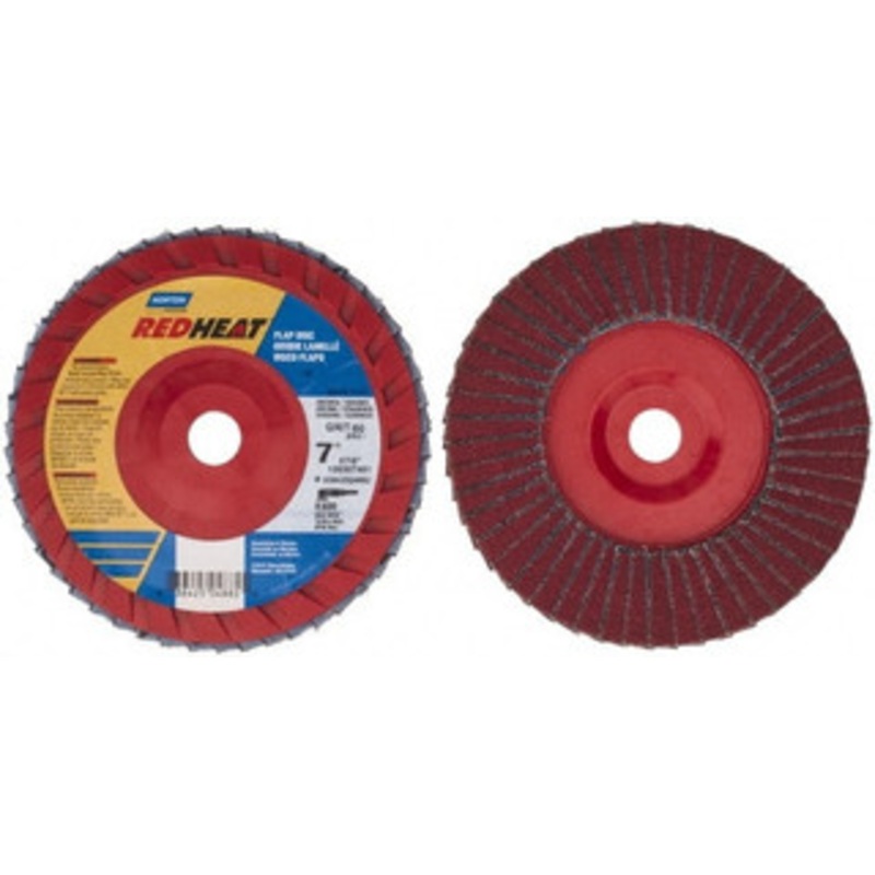Norton 7 60 Grit 7/8 Center Hole Type 27 Ceramic Flap Disc Medium Grade, Coated, Arbor Attachment, Plastic Backing, 8,600 RPM 63642504882 – 06360689