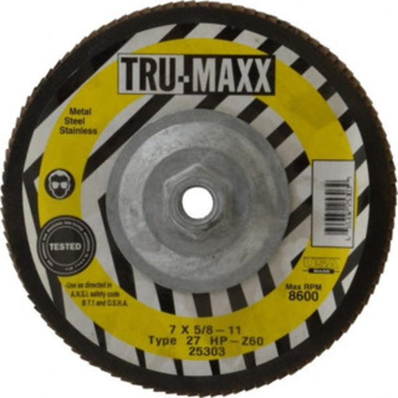 Tru-Maxx 7 60 Grit 5/8-11 Center Hole Type 27 Zirconia Alumina Flap Disc Medium Grade, Coated, Arbor Attachment, 8,600 RPM 25303 – 06379408