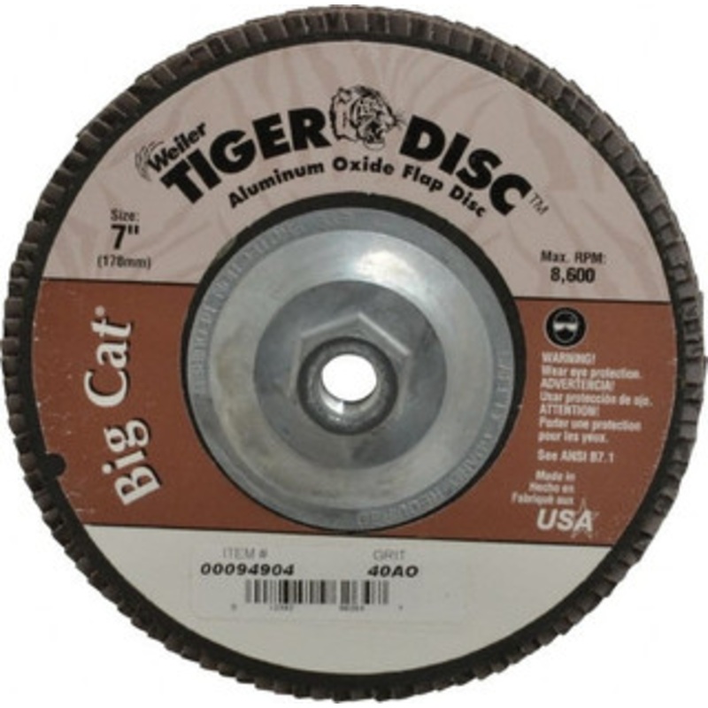 Weiler Abrasives 7 40 Grit 5/8-11 Center Hole Type 27 Aluminum Oxide Flap Disc Coarse Grade, Coated, Arbor Attachment, Phenolic Backing, 8,600 RPM 50833 – 00094904