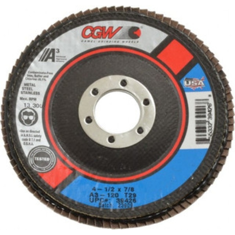 CGW Abrasives 4-1/2 120 Grit 7/8 Center Hole Type 29 Aluminum Oxide Flap Disc Fine Grade, Coated, Arbor Attachment, Polyester Backing, 13,300 RPM 39426 – 02555225