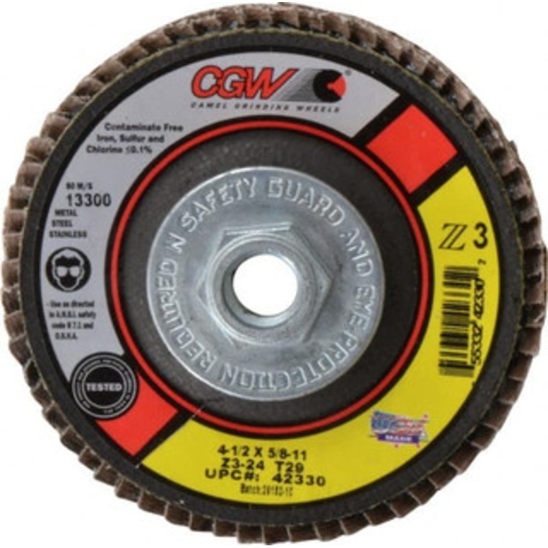 CGW Abrasives 4-1/2 24 Grit 5/8-11 Center Hole Type 29 Zirconia Alumina Flap Disc Very Coarse Grade, Coated, Arbor Attachment, Poly Cotton Backing, 13,300 RPM 42330 – 82283888