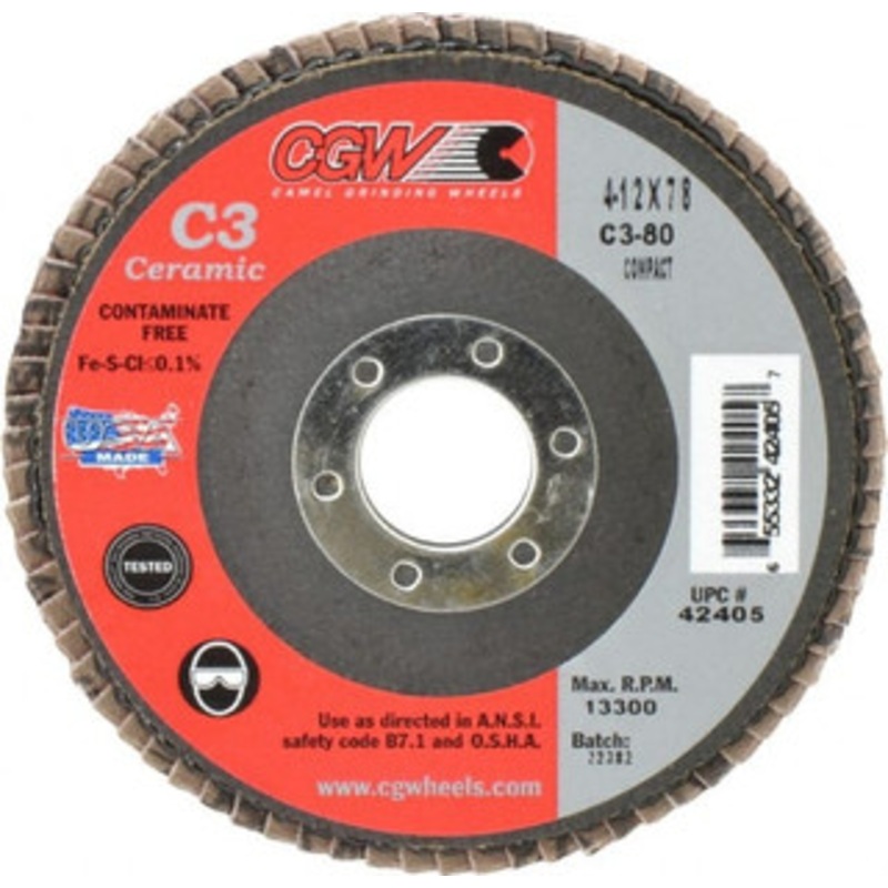 CGW Abrasives 4-1/2 80 Grit 7/8 Center Hole Ceramic Flap Disc Medium Grade, Coated, Arbor Attachment, Polyester Backing, 13,300 RPM 42405 – 63009625