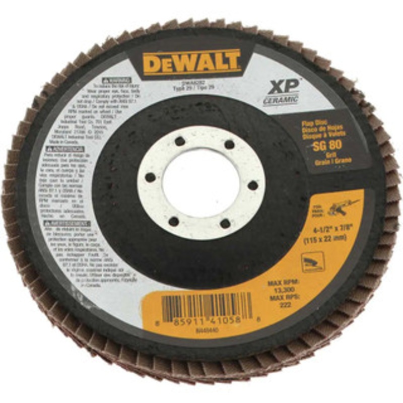 DeWALT 4-1/2 80 Grit 7/8-11 Center Hole Type 29 Ceramic Flap Disc Medium Grade, Coated, Arbor Attachment, Poly Cotton Backing, 8,700 RPM DWA8282 – 39977996