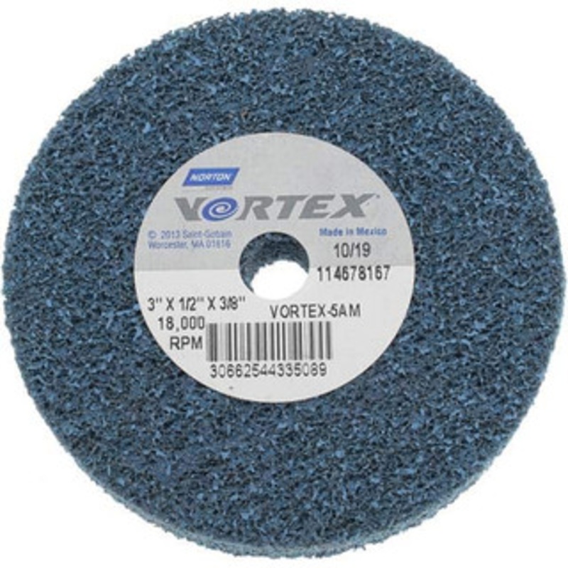 Norton 3 Diam, 1/2 Face Width, 3/8 Center Hole, Medium Grade, Aluminum Oxide Deburring Wheel Unitized, Medium Density 5 Grade 66254433508 – 45452448
