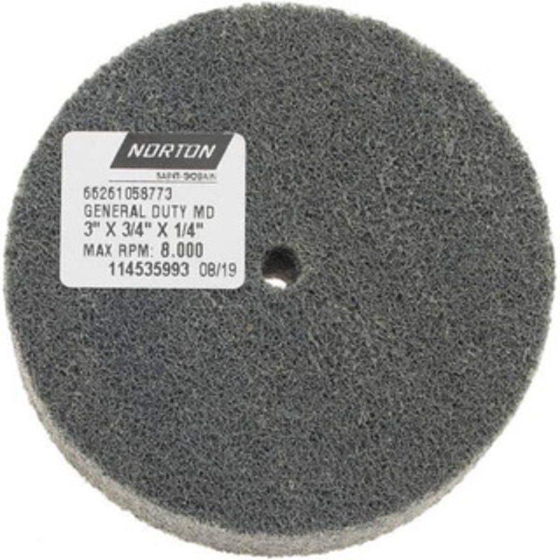 Norton 3 Diam, 3/4 Face Width, 1/4 Center Hole, Medium Grade, Silicon Carbide Deburring Wheel Unitized, Medium Density 4 Grade, 8,000 RPM 66261058773 – 70500434