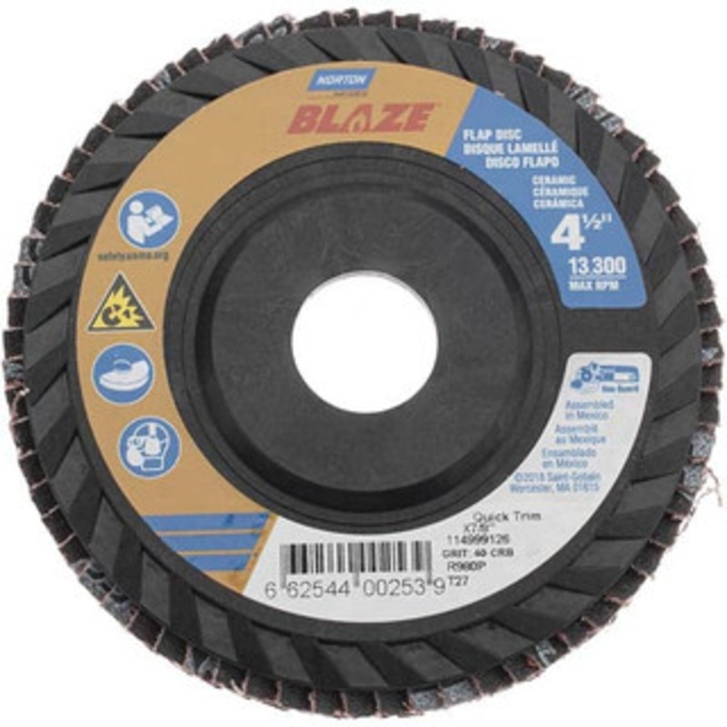 Norton 4-1/2 40 Grit 7/8 Center Hole Type 27 Ceramic Flap Disc Coarse Grade, Coated, Arbor Attachment, Plastic Backing 66254400253 – 42065102